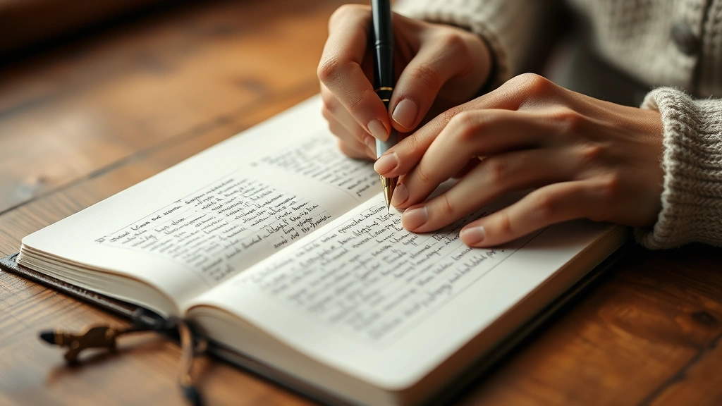 Close-up of hands writing in journal with fountain pen, wooden desk surface, open notebook showing handwritten text, soft morning light, warm neutral tones, peaceful intimate moment