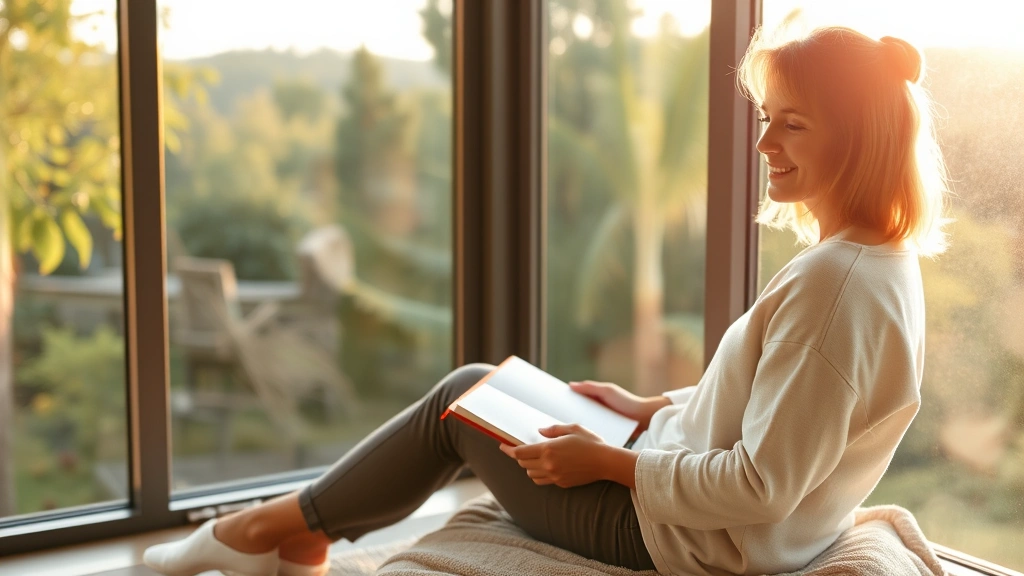 Person sitting by large window overlooking nature, journal on lap, thoughtful pose looking outside, natural daylight, calm peaceful environment, comfortable clothing, therapeutic wellness setting