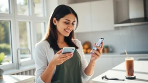 Young woman checking health metrics on smartphone in bright modern kitchen, displaying wellness dashboard interface, natural morning light streaming through windows, healthy smoothie and fitness tracker visible on counter
