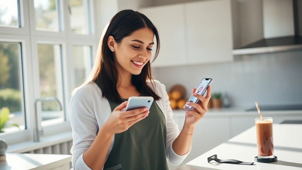 Young woman checking health metrics on smartphone in bright modern kitchen, displaying wellness dashboard interface, natural morning light streaming through windows, healthy smoothie and fitness tracker visible on counter