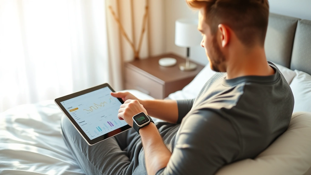 Man wearing smartwatch and fitness tracker reviewing sleep and activity data on tablet, sitting on bed in minimalist bedroom, peaceful morning atmosphere with warm sunlight, personalized health charts displayed