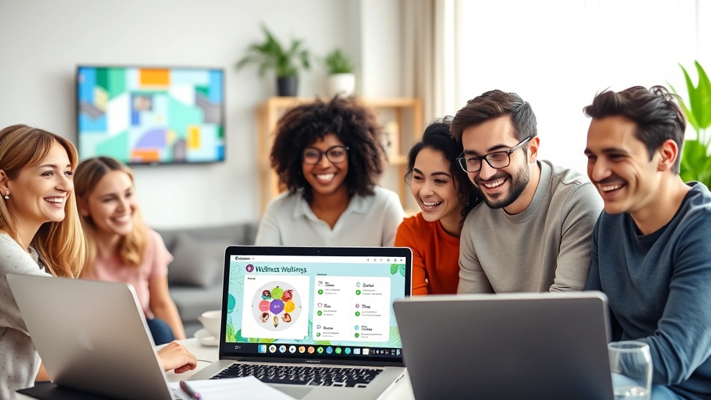 Diverse group of people in virtual wellness community meeting, smiling while viewing health goals on laptop screens, digital wellness network visualization background, collaborative health tracking interface, modern home office setting