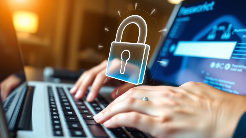 Close-up of hands entering password on laptop keyboard with security padlock hologram floating above screen, professional office setting, warm lighting, confident gesture
