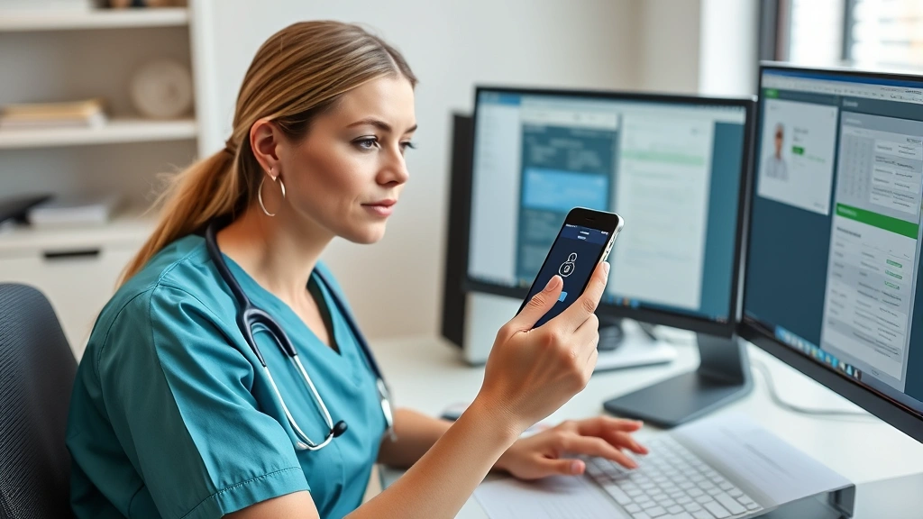 Female nurse using authenticator app on smartphone while accessing patient records on computer, sitting at desk with medical charts, professional healthcare environment, concentrated expression