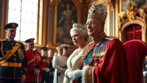 Distinguished monarch in formal state regalia at official ceremony, dignified bearing, ornate palace backdrop with historical architecture, natural daylight streaming through tall windows