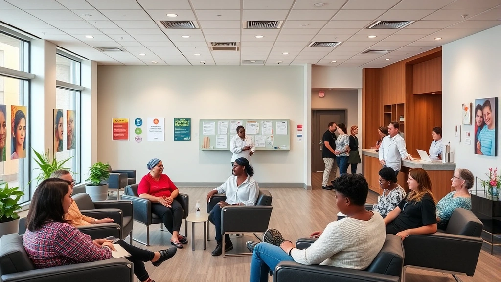Modern community health center waiting room with diverse patients, comfortable seating, welcoming reception desk, warm lighting, wellness posters on walls, diverse staff visible