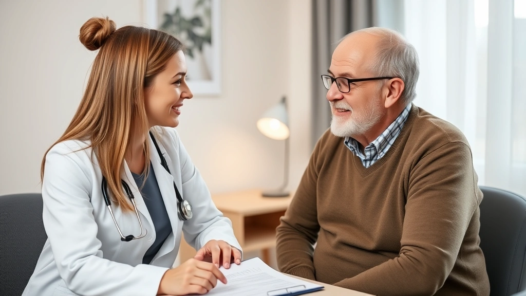 Female healthcare provider in white coat consulting with middle-aged male patient during routine checkup, stethoscope visible, patient chart on desk, caring professional environment