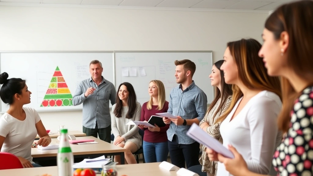 Diverse group in wellness education class learning about nutrition and healthy lifestyle, instructor pointing at food pyramid, engaged participants taking notes, bright classroom setting