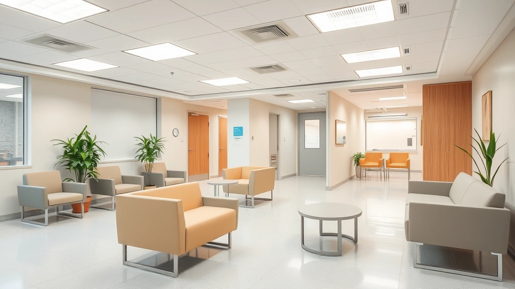 Modern psychiatric hospital waiting room with comfortable seating, soft lighting, calming neutral colors, welcoming atmosphere, clean contemporary design, peaceful environment