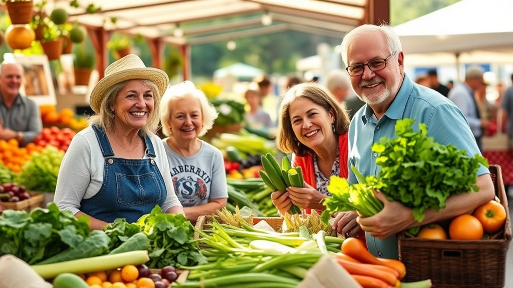Happy multigenerational family enjoying fresh vegetables at a farmers market in Lancaster, morning sunlight, vibrant produce displays, smiling faces, natural and warm atmosphere