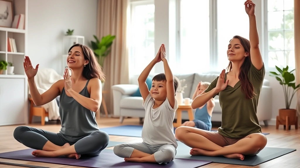 Parents and children doing yoga together in a bright home living room, peaceful expressions, natural light from windows, comfortable wellness space, calm and connected moment