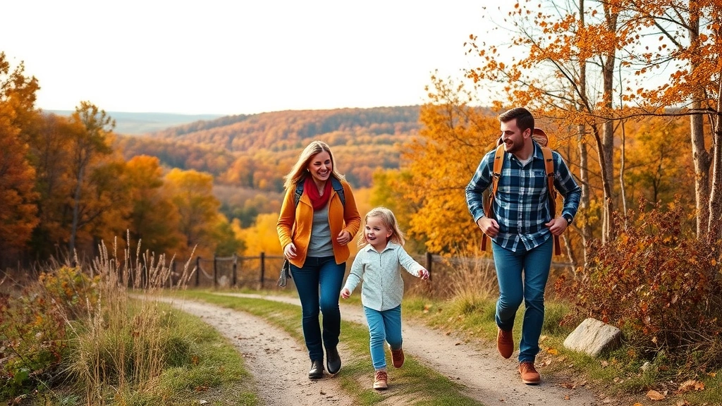 Family hiking on a scenic Lancaster trail, autumn setting, parents and kids walking together, beautiful landscape, genuine laughter and joy, outdoor wellness activity
