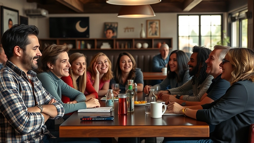 Professional actors in casual restaurant setting, laughing during rehearsal break, natural lighting, candid behind-the-scenes moment, diverse ensemble cast interacting warmly, filmmaking atmosphere