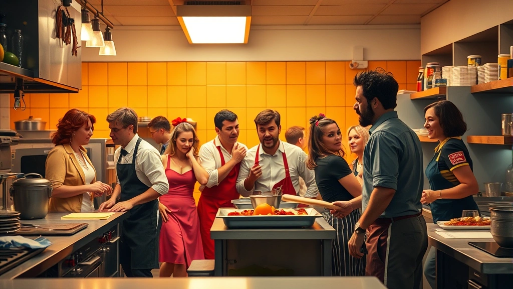 Bustling kitchen scene with multiple performers in various character costumes, comedic action captured mid-scene, realistic restaurant equipment, warm amber lighting, genuine ensemble chemistry visible