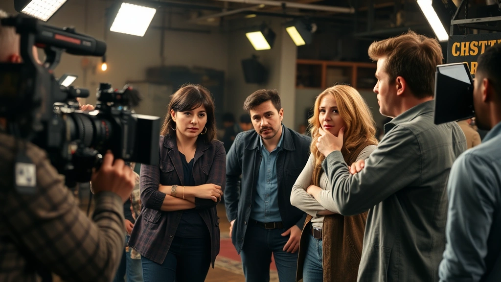 Cast members in character poses during film production, comedic tension evident between performers, professional cinematography style, detailed set design visible, authentic character interaction captured
