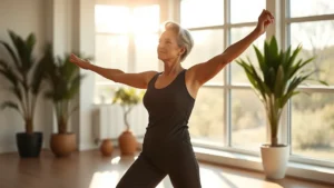 Elegant mature woman in bright wellness studio doing gentle stretching exercises with morning sunlight streaming through large windows, serene and peaceful atmosphere