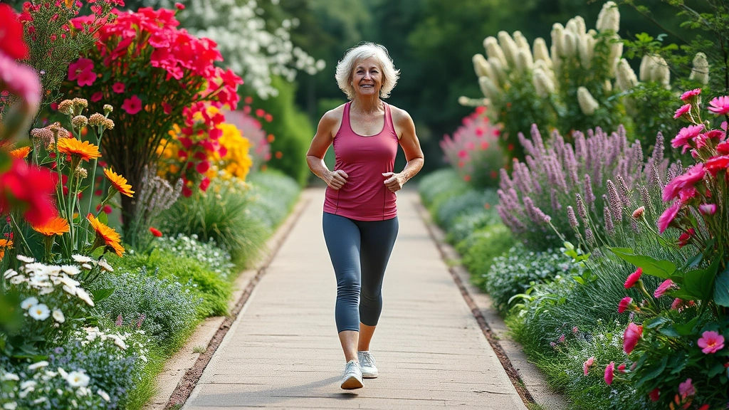Active senior woman walking through beautiful garden pathway surrounded by blooming flowers, wearing comfortable athletic wear, enjoying outdoor wellness lifestyle