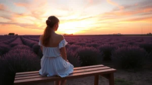 Serene woman sitting on wooden bench overlooking expansive lavender and pink sky at sunset, peaceful expression, natural outdoor setting with soft golden light