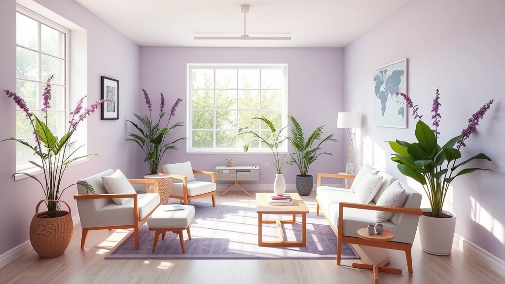 Serene spa-like wellness consultation room with soft lavender tones, comfortable seating, natural lighting through large windows, potted plants, calming aesthetic, professional healthcare environment, peaceful atmosphere