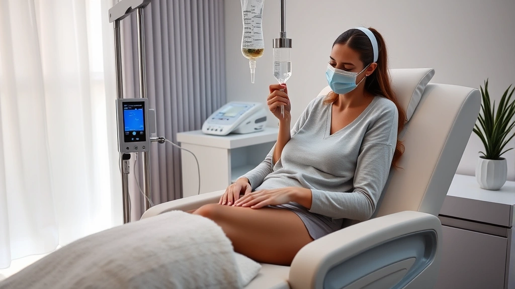Woman receiving IV nutrient therapy in modern medical spa setting, comfortable treatment chair, gentle lighting, healthcare professional administering IV, relaxing wellness environment, clean contemporary design