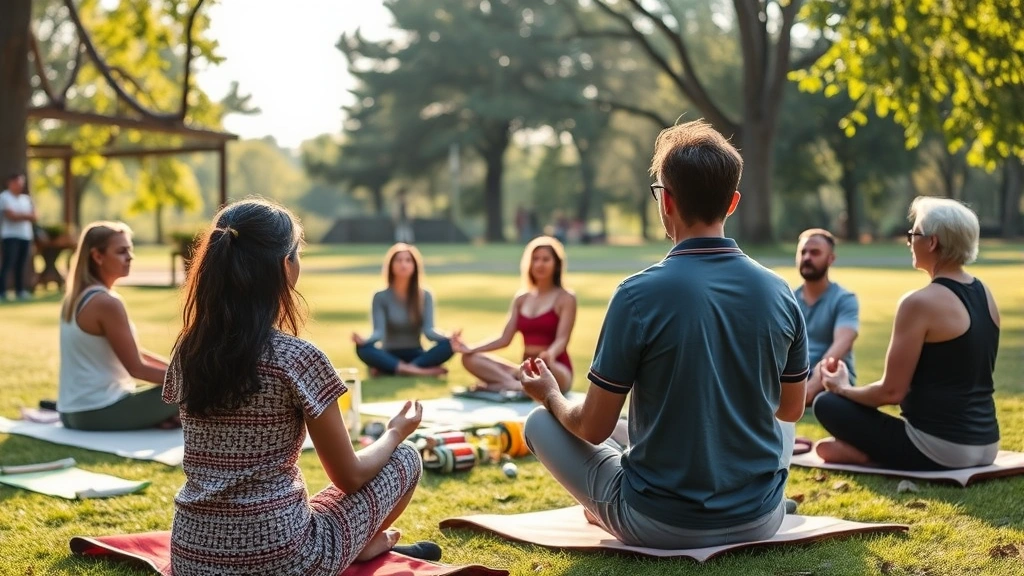 Diverse group participating in outdoor wellness workshop or meditation session, park setting, morning light, people sitting peacefully, wellness coaching activity, healthy lifestyle gathering, natural environment