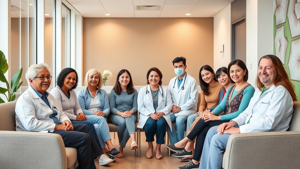 Diverse group of patients and healthcare providers in modern clinic waiting room, warm lighting, comfortable seating, welcoming atmosphere, diverse ages and ethnicities