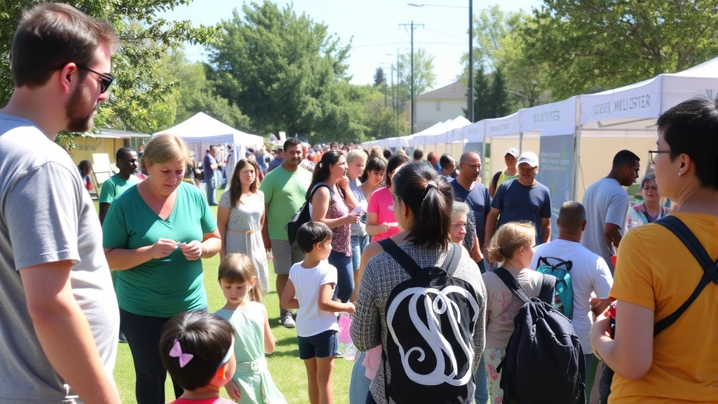 Community health fair outdoors with multiple generations participating in wellness activities, fitness instructors, nutrition counseling booths, sunny day, diverse gathering