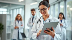 Professional healthcare worker in white coat reviewing digital health records on tablet in modern medical office with colleagues collaborating in soft natural lighting