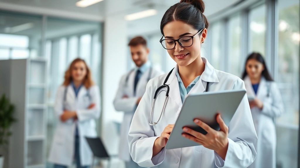 Professional healthcare worker in white coat reviewing digital health records on tablet in modern medical office with colleagues collaborating in soft natural lighting