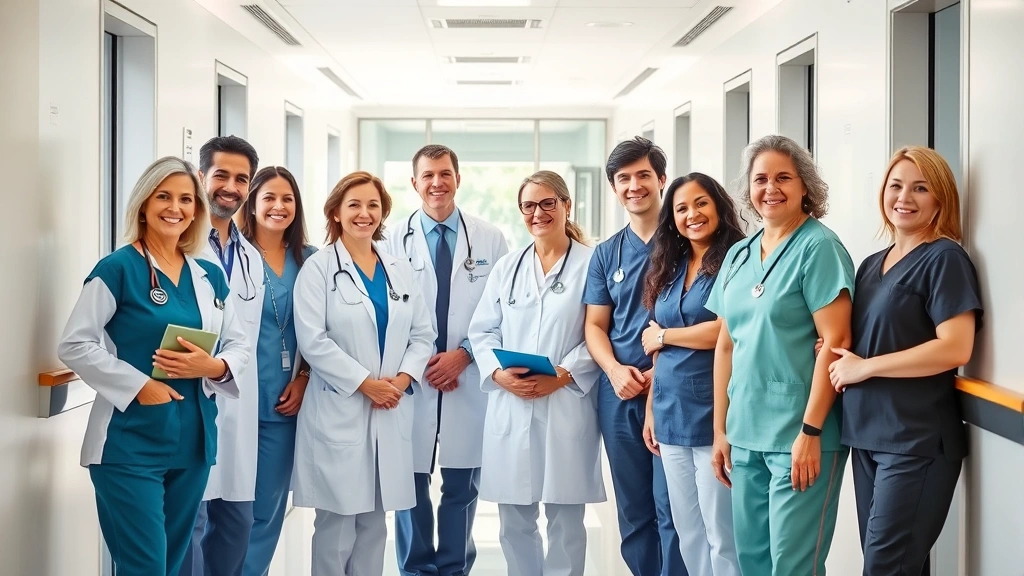 Diverse team of healthcare professionals including doctors, nurses, and therapists smiling together in contemporary hospital corridor with natural sunlight and clean architecture