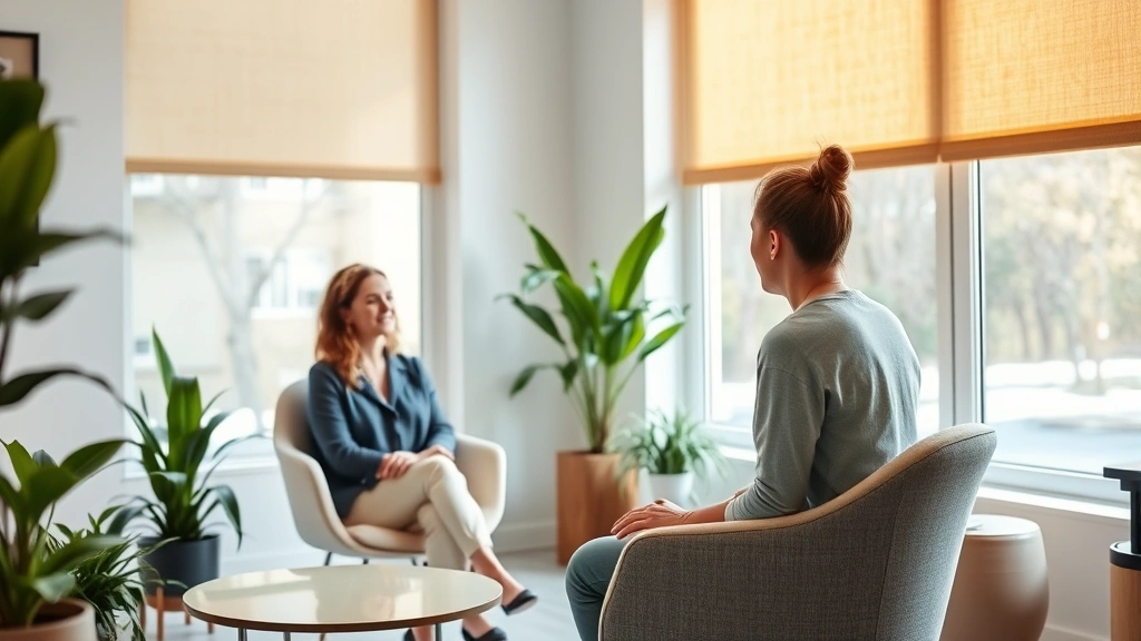 Wellness coach consulting with client in bright, serene health coaching office with plants, comfortable seating, and calming natural light from large windows