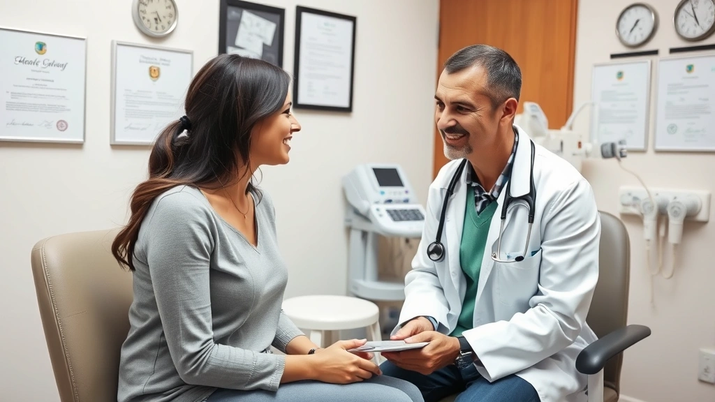Female patient having consultation with caring physician in private exam room, both smiling, modern medical equipment visible, diplomas and certifications on wall, trust and professionalism evident