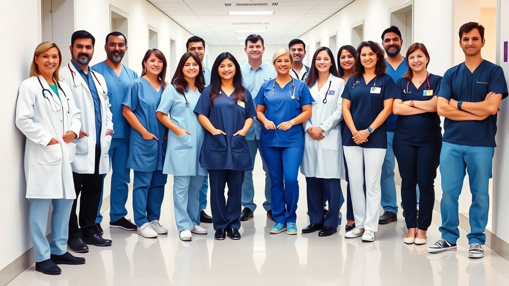 Group of healthcare professionals including doctors, nurses, and therapists standing together in clinic hallway, diverse team, confident and compassionate expressions, modern medical facility setting