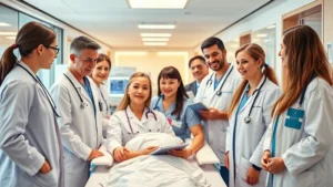 Professional healthcare team in modern hospital setting, diverse clinicians collaborating around patient care, bright clinical environment with advanced medical technology, warm professional atmosphere