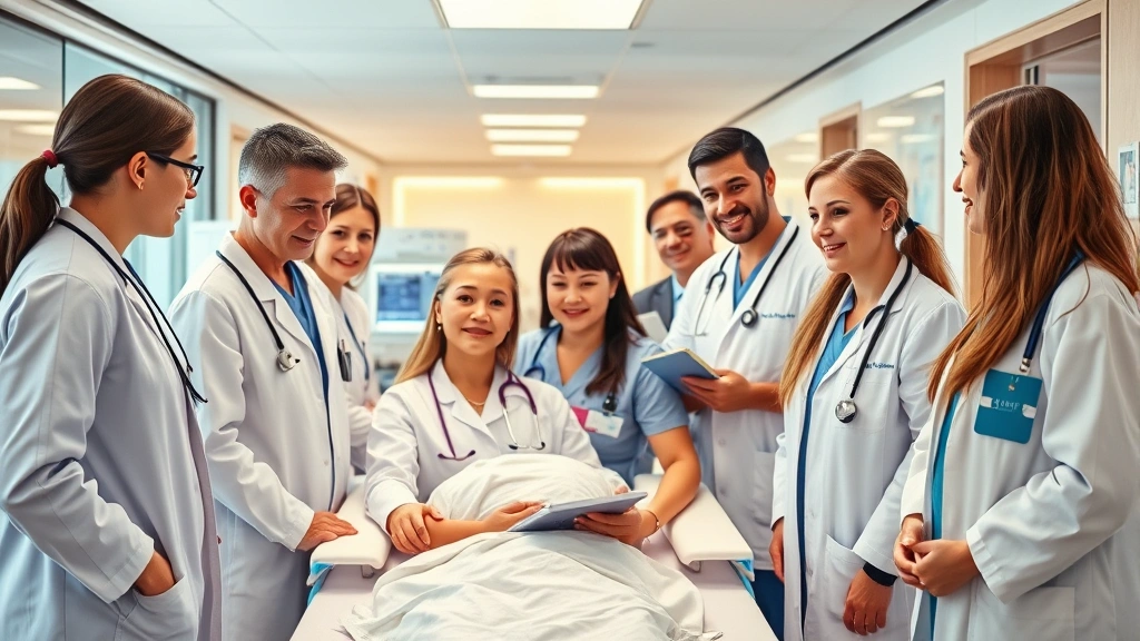 Professional healthcare team in modern hospital setting, diverse clinicians collaborating around patient care, bright clinical environment with advanced medical technology, warm professional atmosphere