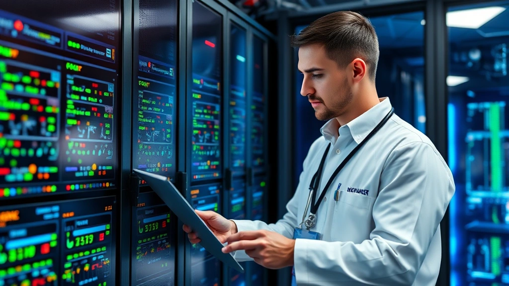 IT specialist managing healthcare network systems, data center with servers and technology infrastructure, professional in tech environment supporting healthcare operations