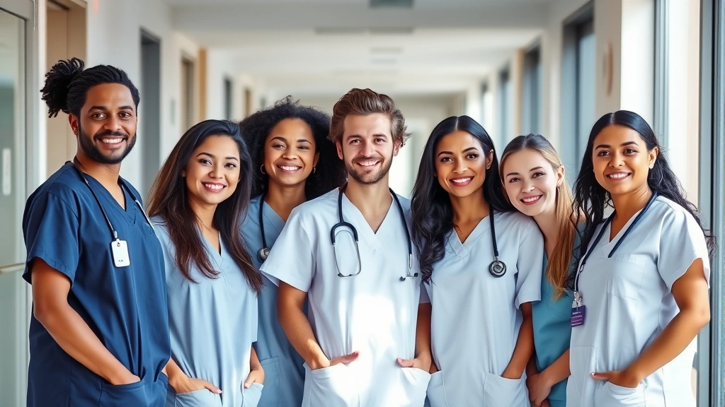 Professional diverse healthcare team in modern hospital corridor wearing scrubs, smiling, collaborating together, natural lighting, contemporary medical facility background
