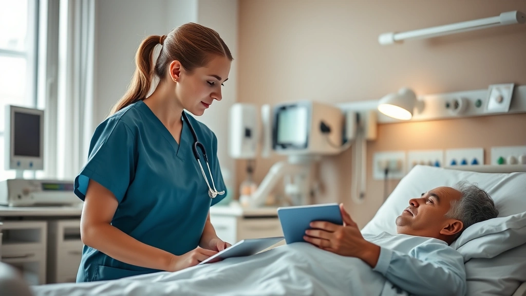Young female nurse mentoring male clinical student at patient bedside, both focused and engaged, modern hospital room with medical equipment, warm professional atmosphere