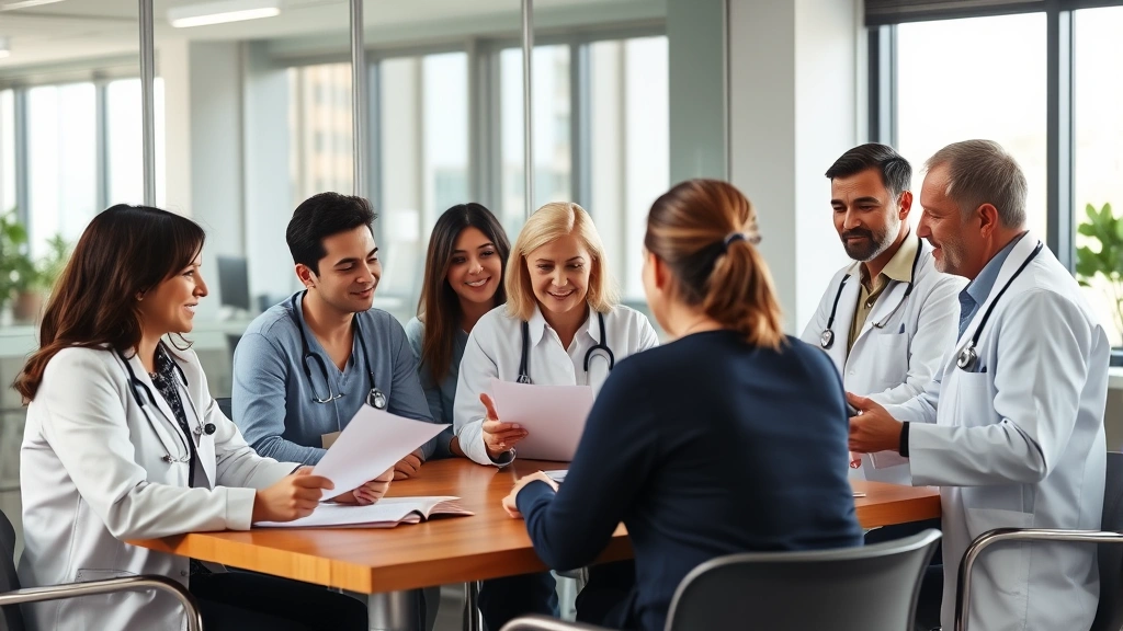 Multi-generational healthcare professionals in conference room during team meeting, diverse group reviewing documents together, modern office setting with collaborative energy