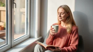 Serene woman in natural light sitting by window with journal and warm beverage, peaceful mindfulness moment, soft focus background, natural wellness aesthetic