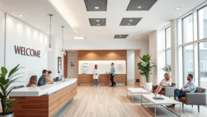 Modern medical office lobby with welcoming reception desk, contemporary healthcare facility interior, bright natural lighting, diverse patients in comfortable waiting area, clean minimalist design aesthetic