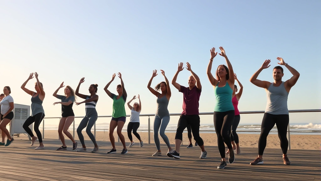 Community fitness class on Long Beach boardwalk, diverse group exercising together, outdoor beach fitness activity, morning golden light, energetic wellness community, inclusive active lifestyle
