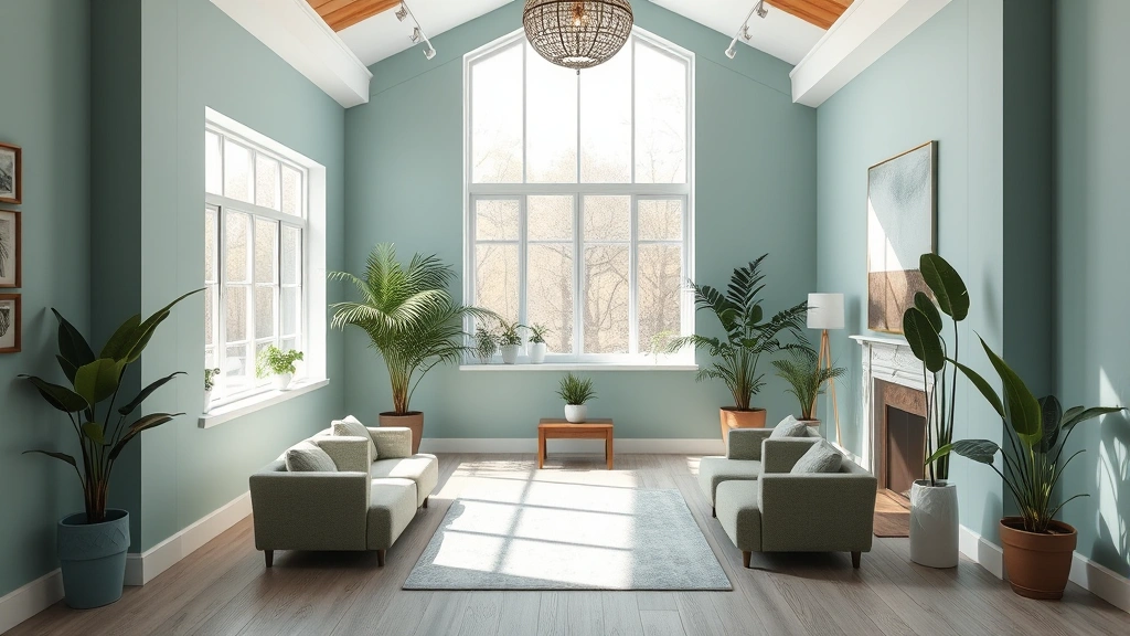 Serene meditation room with natural light, comfortable seating, calming blue-green walls, indoor plants, peaceful atmosphere for mental health recovery