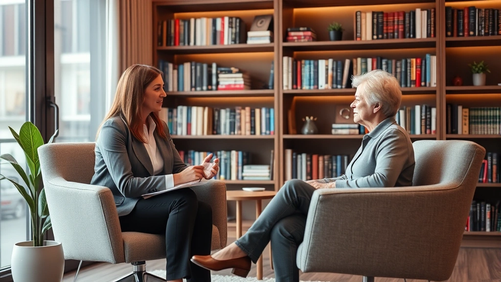 Professional therapy session in modern office, therapist and patient in comfortable chairs, warm lighting, bookshelf background, therapeutic alliance evident