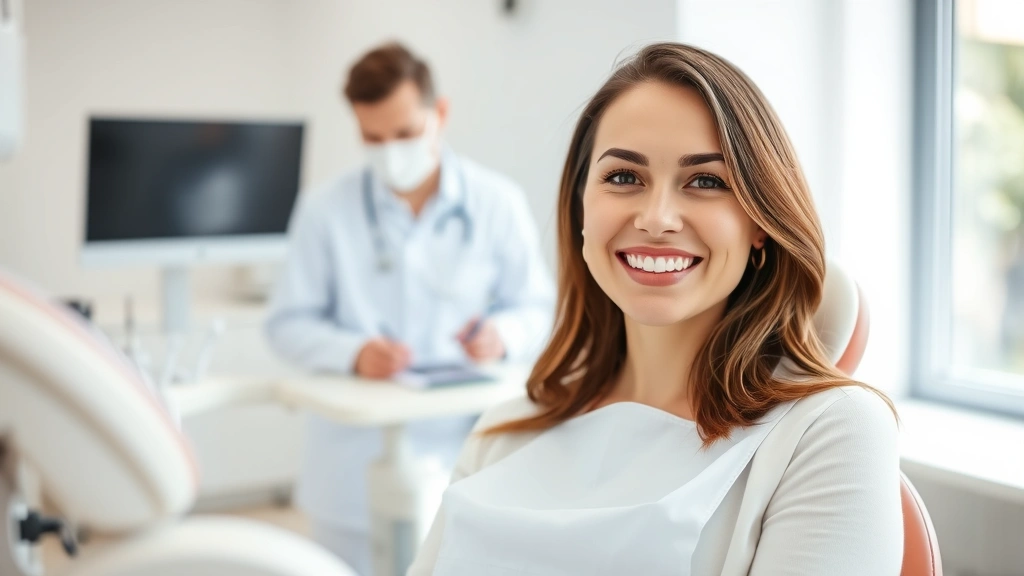 Woman smiling confidently at dental chair with professional dentist in background, bright modern dental office with white walls and natural light, patient wearing bib
