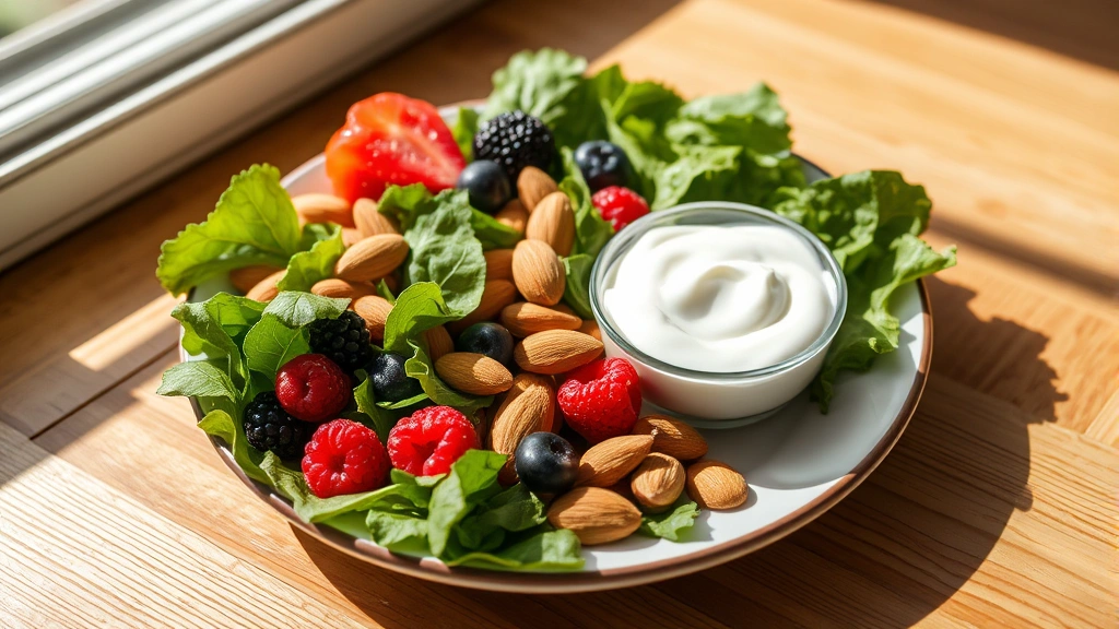 Healthy colorful foods on plate including leafy greens, berries, almonds, and dairy yogurt, natural sunlight on wooden table, vibrant nutritious meal setup