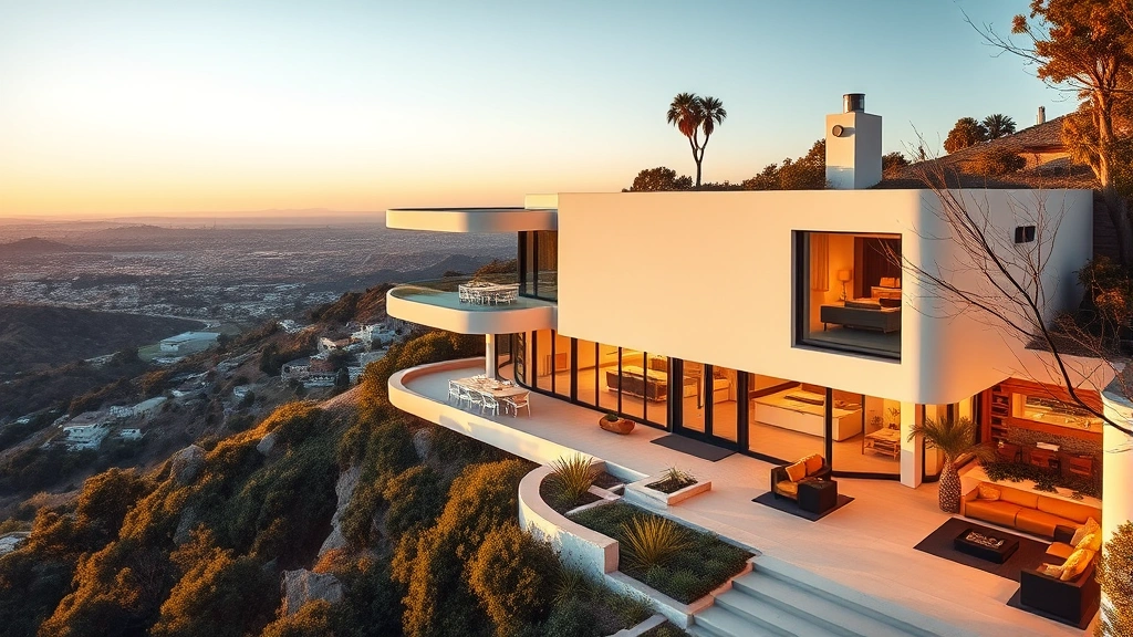 Modernist hillside residence with dramatic white cantilever, extensive glass walls, natural light flooding interior spaces, outdoor terrace overlooking Los Angeles landscape, 1920s contemporary architecture in golden hour lighting