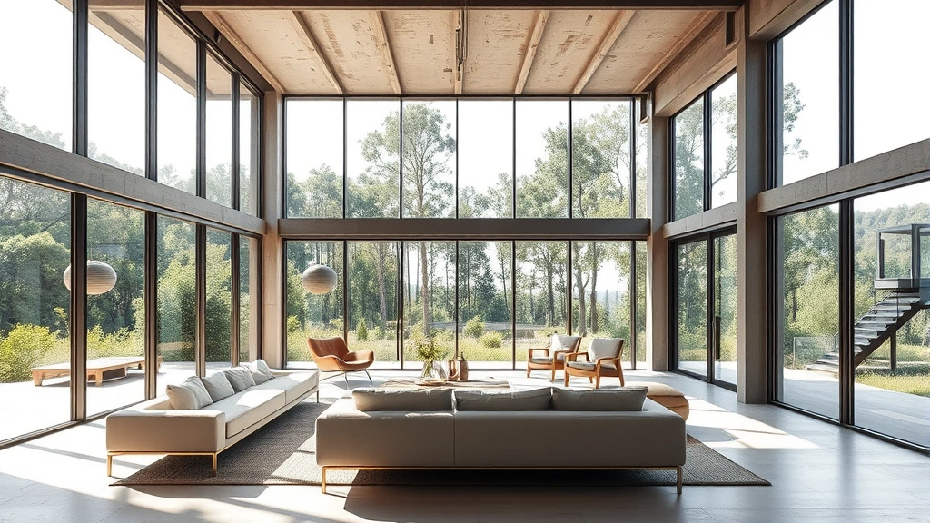 Bright open-plan living interior with floor-to-ceiling windows, natural light streaming across minimalist furniture, seamless indoor-outdoor connection, steel and concrete structural elements visible, verdant landscape views