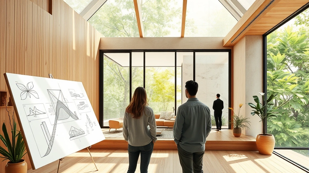 Architect designing wellness-focused residential space with natural materials, sketches showing light studies, biophilic design principles, contemporary home wellness elements, human figures experiencing light-filled modern architecture
