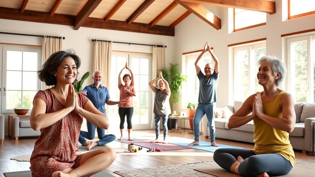 Diverse multigenerational family practicing yoga together in bright living room, natural sunlight streaming through windows, peaceful and connected atmosphere, everyone smiling with genuine joy